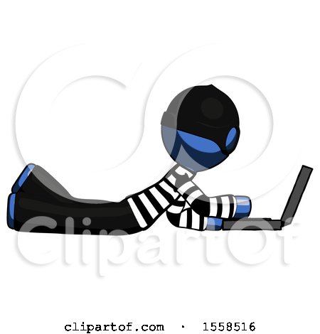 Blue Thief Man Using Laptop Computer While Lying on Floor Side View by Leo Blanchette