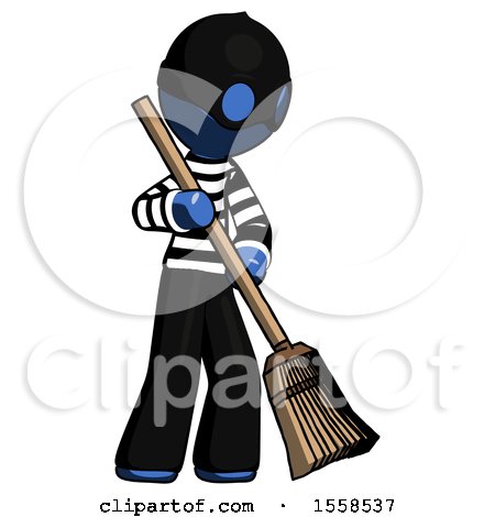 Blue Thief Man Sweeping Area with Broom by Leo Blanchette