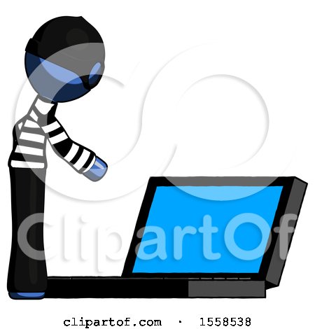 Blue Thief Man Using Large Laptop Computer Side Orthographic View by Leo Blanchette