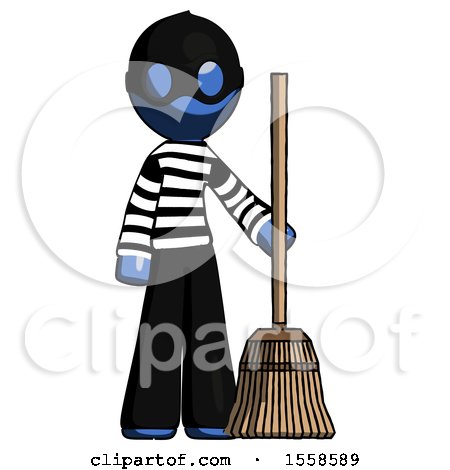 Blue Thief Man Standing with Broom Cleaning Services by Leo Blanchette