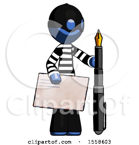 Blue Thief Man Holding Large Envelope and Calligraphy Pen by Leo Blanchette
