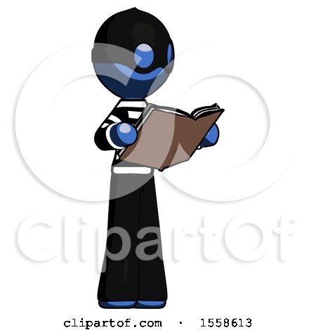 Blue Thief Man Reading Book While Standing up Facing Away by Leo Blanchette
