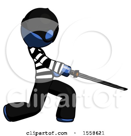Blue Thief Man with Ninja Sword Katana Slicing or Striking Something by Leo Blanchette