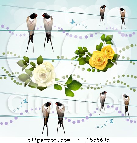 Clipart of Swallow Birds on Wires, with Roses and Dots - Royalty Free Vector Illustration by merlinul