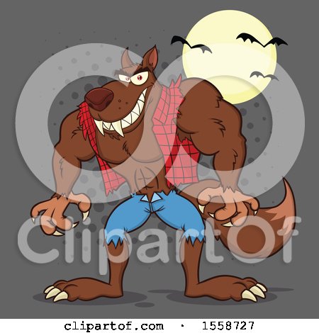 Clipart of a Muscular Werewolf Under a Full Moon with Bats, on Gray Halftone - Royalty Free Vector Illustration by Hit Toon