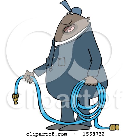 Clipart of a Cartoon Chubby Black Worker Man Holding an Air Hose - Royalty Free Vector Illustration by djart