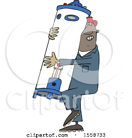Clipart of a Cartoon Black Plumber Worker Man Carrying a Water Heater - Royalty Free Vector Illustration by djart