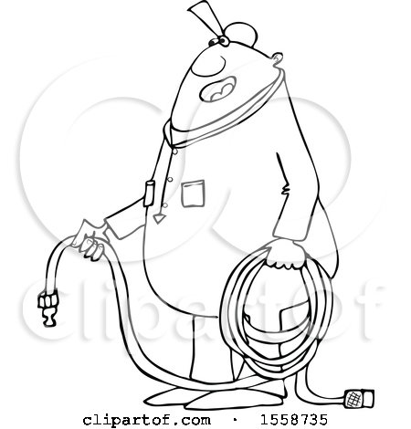 Clipart of a Cartoon Lineart Chubby Black Worker Man Holding an Air Hose - Royalty Free Vector Illustration by djart