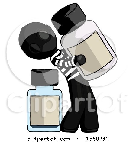 Black Thief Man Holding Large White Medicine Bottle with Bottle in Background by Leo Blanchette