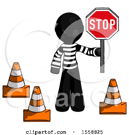 Black Thief Man Holding Stop Sign by Traffic Cones Under Construction Concept by Leo Blanchette