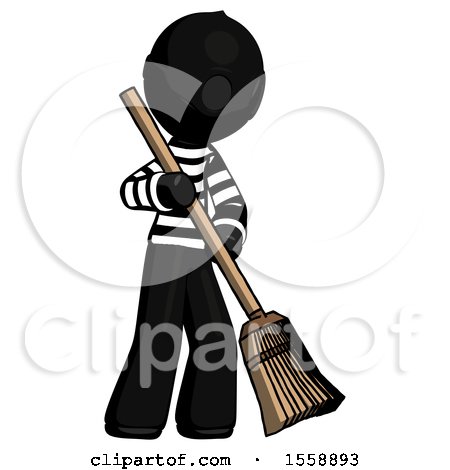 Black Thief Man Sweeping Area with Broom by Leo Blanchette