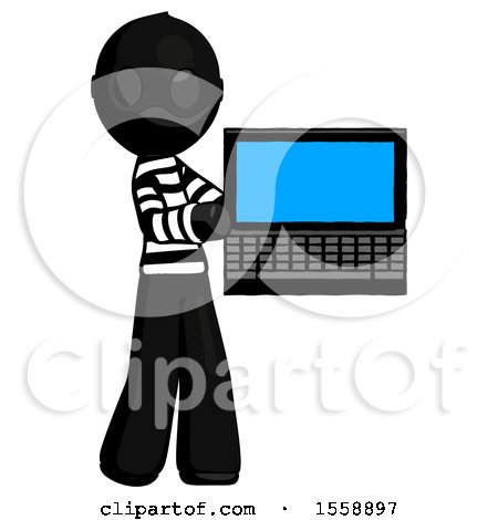 Black Thief Man Holding Laptop Computer Presenting Something on Screen by Leo Blanchette
