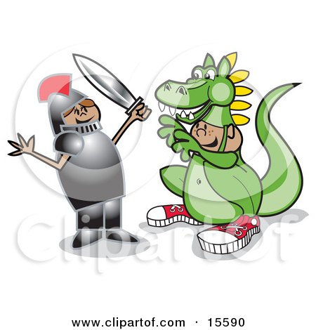 Friendly Girl In A Knights Armour, Holding A Sword And Playing A Drama With A Boy In A Dragon Suit Clipart Illustration by Andy Nortnik