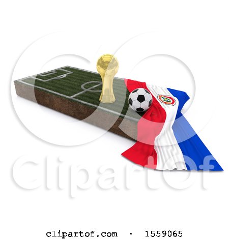 Clipart of a 3d Soccer Ball, Trophy Cup, Flag and Pitch, on a Shaded Background - Royalty Free Illustration by KJ Pargeter