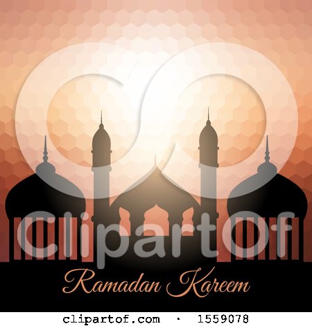 Clipart of a Ramadan Kareem and Mosque over an Orange Geometric Background - Royalty Free Vector Illustration by KJ Pargeter