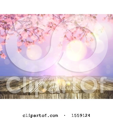 Clipart of a 3D Render of a Vintage Image of an Old Wooden Table with a Cherry Blossom Background - Royalty Free Illustration by KJ Pargeter