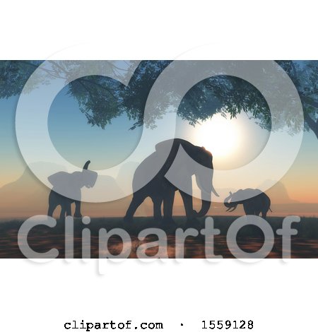Clipart of a Silhouetted Herd of Elephants at Sunset - Royalty Free Illustration by KJ Pargeter