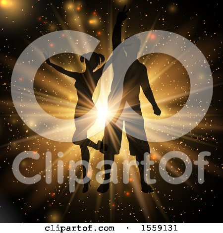 Clipart of a Silhouetted Couple Dancing at a Party, in a Gold Burst - Royalty Free Vector Illustration by KJ Pargeter