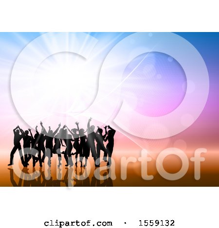 Clipart of a Silhouetted Group of Party People Against a Colorful Background and Burst - Royalty Free Vector Illustration by KJ Pargeter
