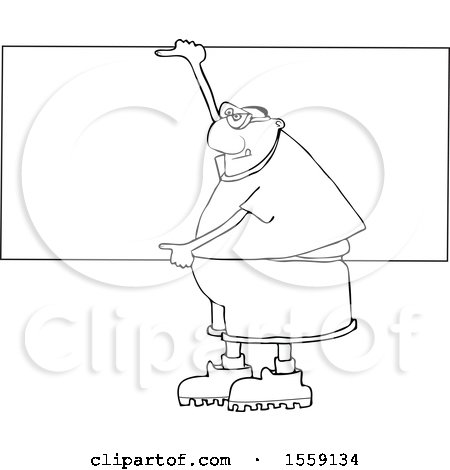 Clipart of a Cartoon Lineart Chubby Black Man Wearing Safety Goggles and Holding up a Blank Sign - Royalty Free Vector Illustration by djart
