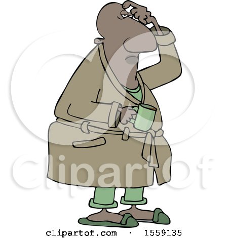 Clipart of a Cartoon Chubby Black Man in His Robe, Scratching His Head and Holding a Coffee Mug - Royalty Free Vector Illustration by djart