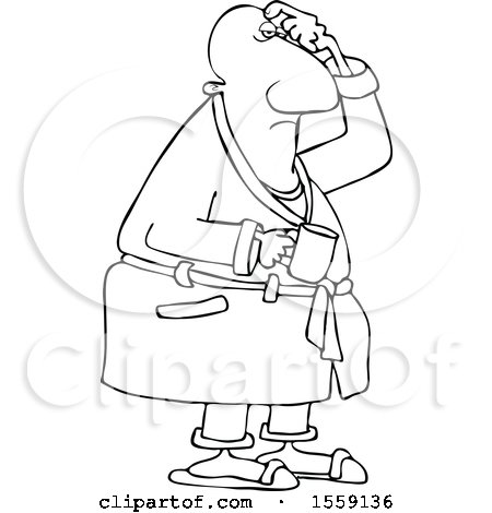 Clipart of a Cartoon Lineart Chubby Black Man in His Robe, Scratching His Head and Holding a Coffee Mug - Royalty Free Vector Illustration by djart