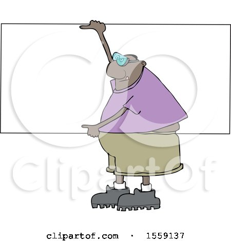 Clipart of a Cartoon Chubby Black Man Wearing Safety Goggles and Holding up a Blank Sign - Royalty Free Vector Illustration by djart