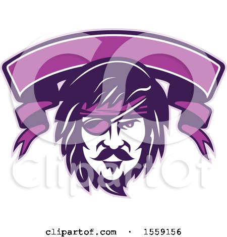 Clipart of a Retro Male Pirate Face with an Eye Patch and a Purple Banner - Royalty Free Vector Illustration by patrimonio