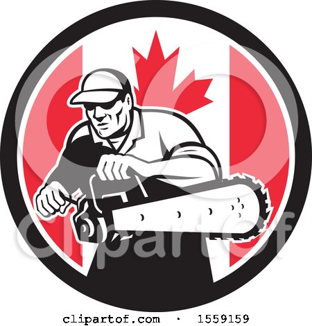 Clipart of a Retro Male Arborist Starting up a Chainsaw in a Canadian Flag Circle - Royalty Free Vector Illustration by patrimonio
