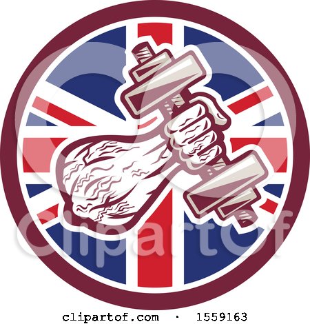 Clipart of a Retro Male Bodybuilder's Arm with a Dumbbell in a British Flag Circle - Royalty Free Vector Illustration by patrimonio