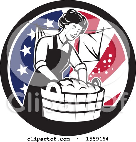 Clipart of a Retro Housewife Doing Laundry in an American Flag Circle - Royalty Free Vector Illustration by patrimonio