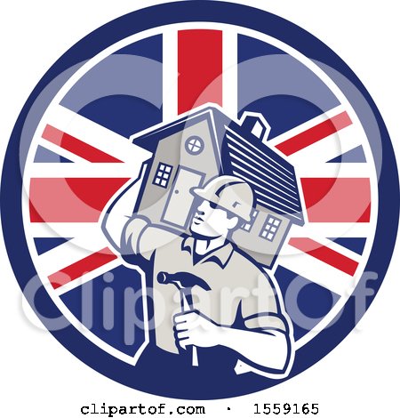 Clipart of a Retro Male Home Builder Carrying a House and Hammer in a British Flag Circle - Royalty Free Vector Illustration by patrimonio