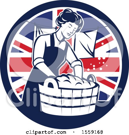 Clipart of a Retro Housewife Doing Laundry in a British Flag Circle - Royalty Free Vector Illustration by patrimonio