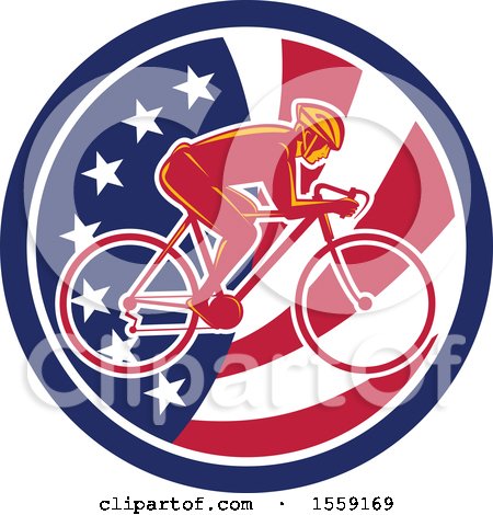 Clipart of a Retro Male Cyclist in an American Flag Circle - Royalty Free Vector Illustration by patrimonio