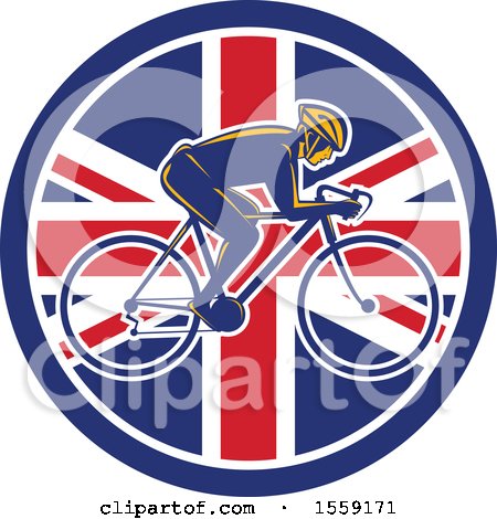 Clipart of a Retro Male Cyclist in a British Flag Circle - Royalty Free Vector Illustration by patrimonio