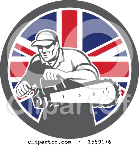 Clipart of a Retro Male Arborist Starting up a Chainsaw in a British Flag Circle - Royalty Free Vector Illustration by patrimonio