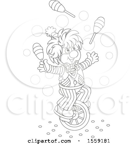 Clipart of a Lineart Clown Juggling and Riding a Unicycle - Royalty Free Vector Illustration by Alex Bannykh