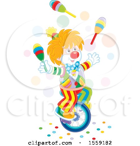 Clipart of a Clown Riding a Unicycle and Juggling - Royalty Free Vector Illustration by Alex Bannykh