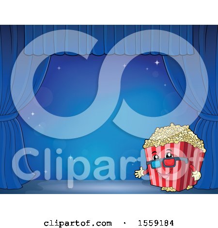 Clipart of a Popcorn Bucket Mascot on a Stage over Blue - Royalty Free Vector Illustration by visekart