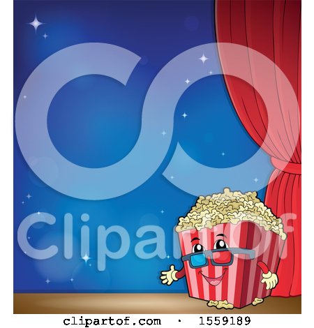 Clipart of a Popcorn Bucket Mascot on a Stage over Blue - Royalty Free Vector Illustration by visekart