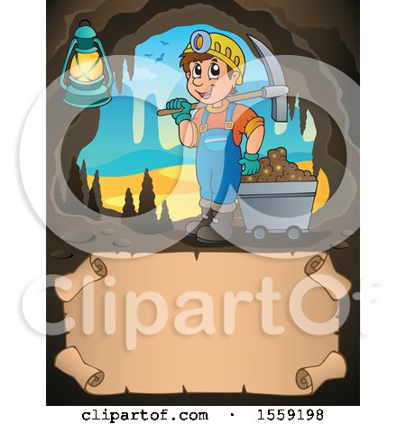 Clipart of a Miner Holding Ore in a Cave, over Parchment - Royalty Free Vector Illustration by visekart