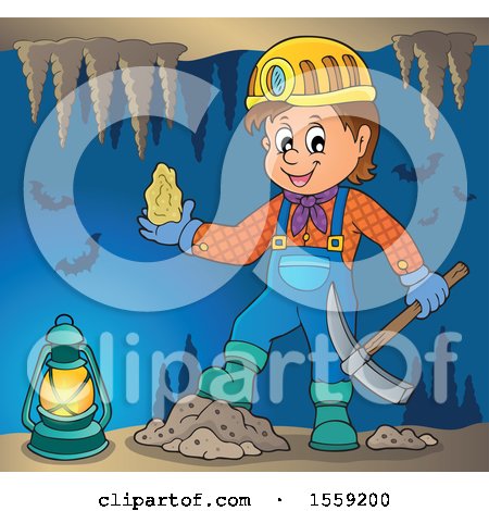 Clipart of a Miner Holding Ore in a Cave - Royalty Free Vector Illustration by visekart