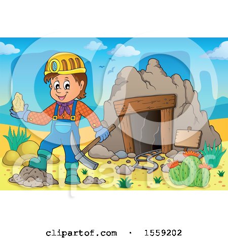Clipart of a Miner Holding Ore by a Cave - Royalty Free Vector Illustration by visekart