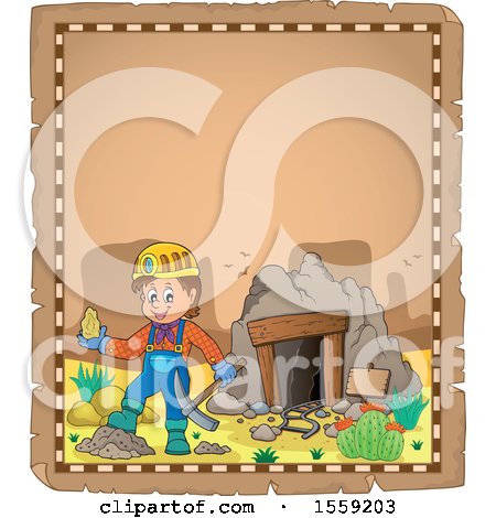 Clipart of a Parchment Page with a Miner Holding Ore by a Cave - Royalty Free Vector Illustration by visekart