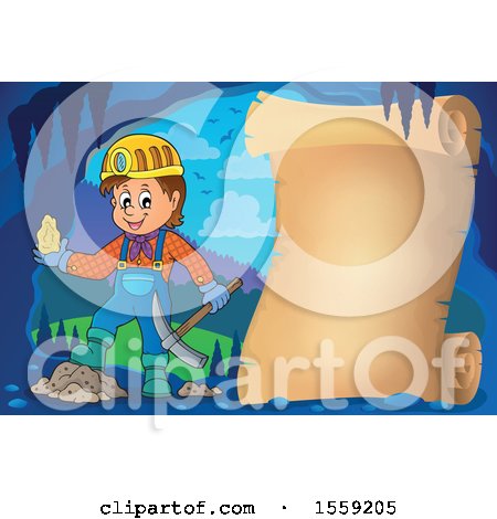 Clipart of a Miner Holding Ore in a Cave, over Parchment - Royalty Free Vector Illustration by visekart