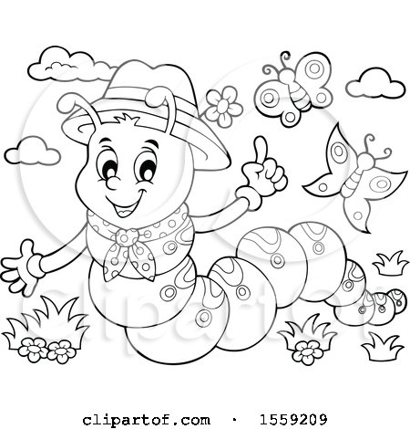 Clipart of a Lineart Caterpillar Holding up a Finger - Royalty Free Vector Illustration by visekart