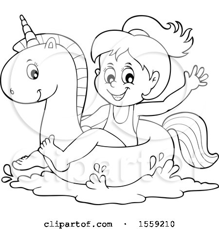 Clipart of a Lineart Girl on a Unicorn Swim Float - Royalty Free Vector Illustration by visekart