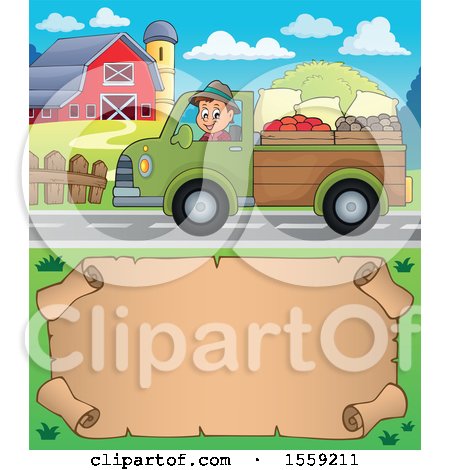 Clipart of a Farmer Driving a Pickup Truck over a Scroll - Royalty Free Vector Illustration by visekart