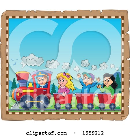 Clipart of a Parchment Page with a Train Driver and Children - Royalty Free Vector Illustration by visekart