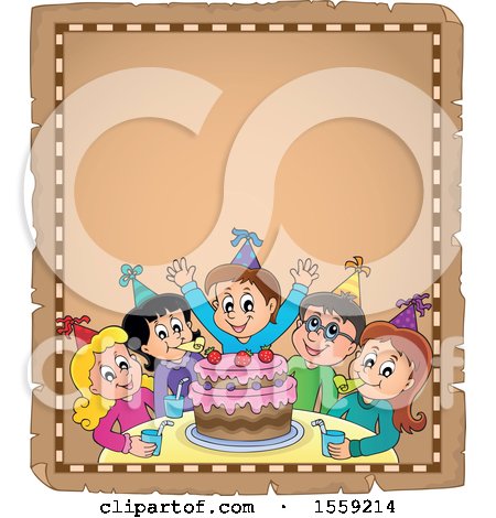 Clipart of a Group of Children Celebrating at a Birthday Party on a Parchment Page - Royalty Free Vector Illustration by visekart
